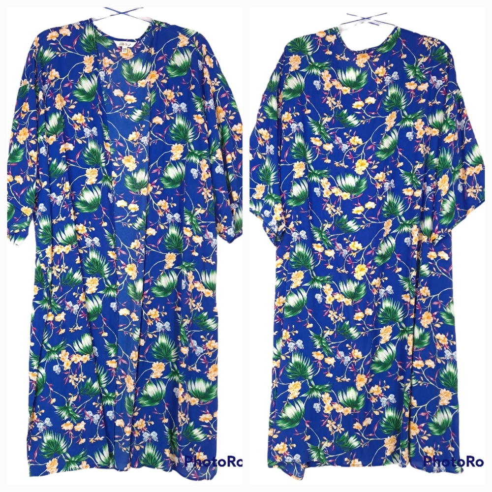 Pioneer Woman Open Front Printed Duster Enamel Blue Floral Plus Kimono - 2X/3X - Picture 5 of 12